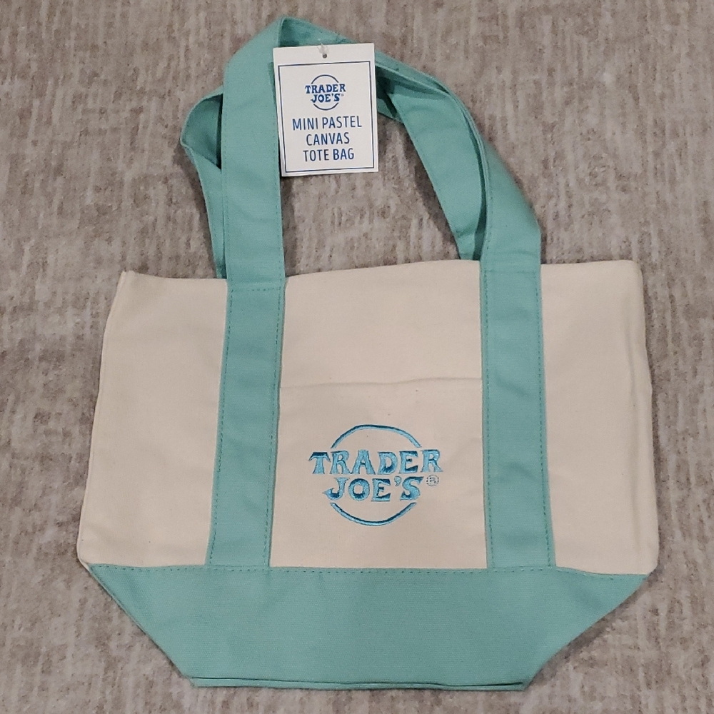 Trader Joe's Mini Pastel Canvas Tote Bag - Cream and Green - Limited Edition